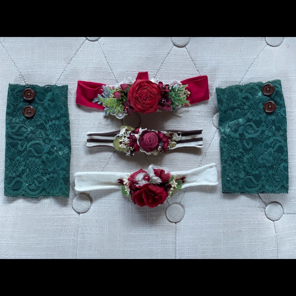 The Lovely Muse | 3 Holiday Headbands & Green Lace Leg Warmers | Baby